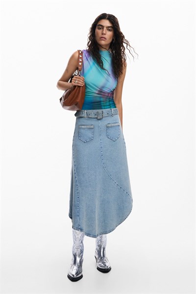 sukně Desigual Asymmetric denim skirt denim light wash